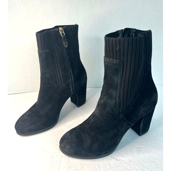 Vionic Kaylee Black Suede/Knit Water Resistant Block Heel Zip Ankle Boots Sz 7 - Picture 1 of 12